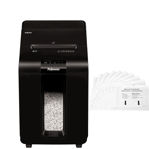 Fellowes Shredder 100M, Mini Cut, 100 Sheet, Deskside Use + Oil Sheets