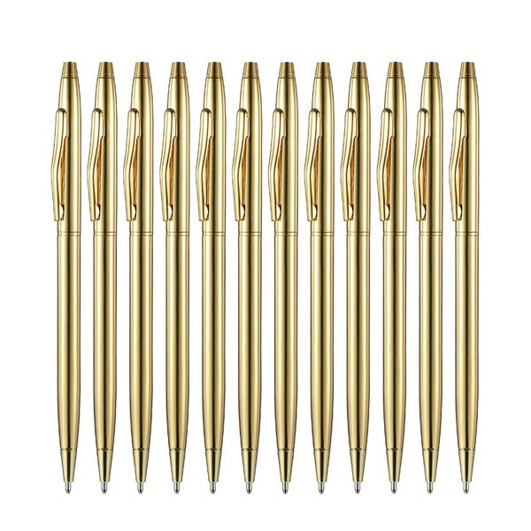 12 PCS Gold Slim Ballpoint Pens Black Ink 1 mm Medium Point Pens