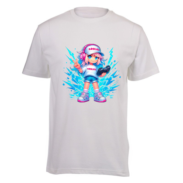 Kids White Cotton Regular Short Sleeve T-Shirt - Roblox Girl Blue