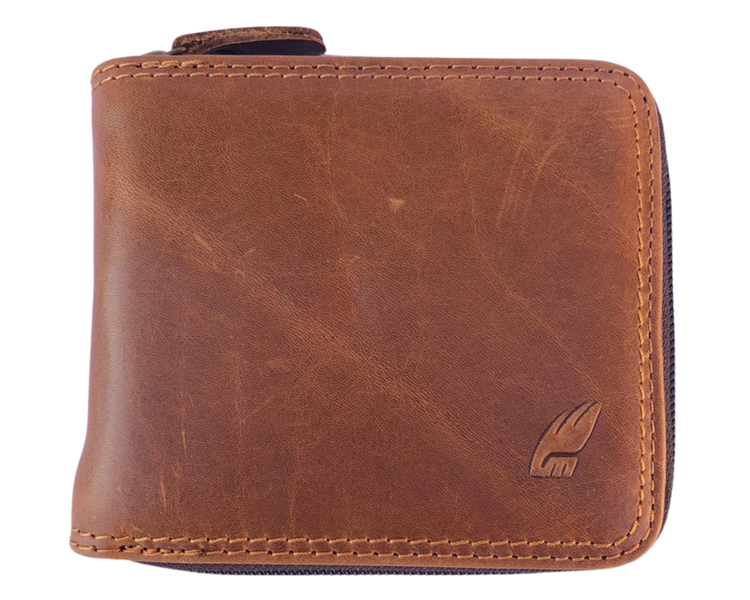 Men's Genuine Leather Zip Around Bifold Wallet for 6 Cards - Camel Mountain