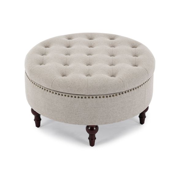 Round Storage Ottoman,Large Button Tufted Faux Linen Footstool Bench