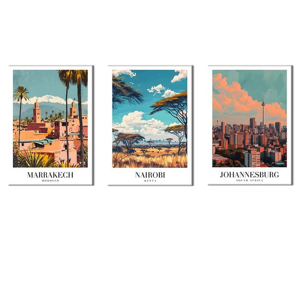 Canvas-Art-3 Pieces Marrakes, Nairobi &amp; Johannesburg Travel Wall Art