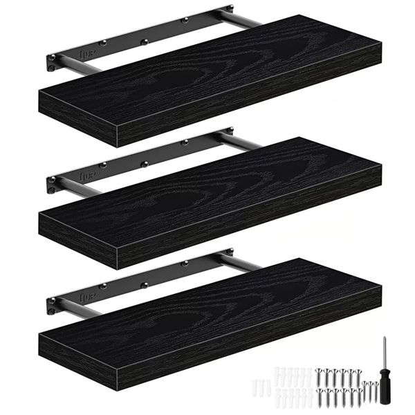3 x Wooden Wall Mounted Floating Display Shelf Invisible Brackets-Black