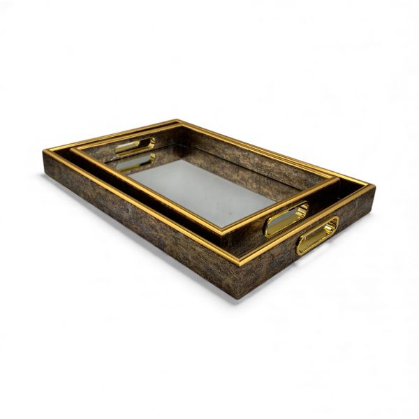 2-Piece Tray Set Brown &amp; Gold Rectangular With Mirror Base