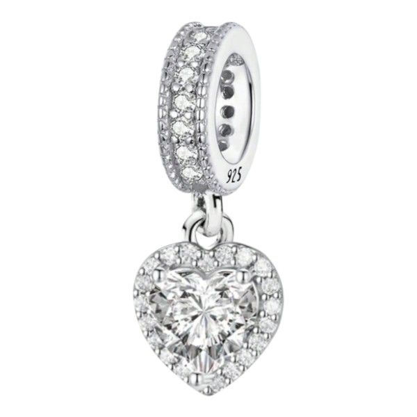 S925 Sterling Heart-Shaped Charm With Rhinestones - Silver
