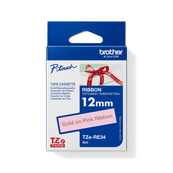 Brother TZe-RE34 Gold on Pink Satin Ribbon Tape 12mm