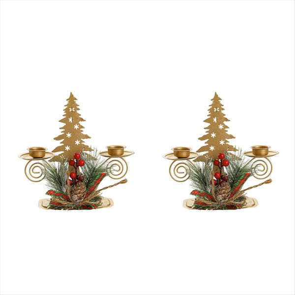 2PCS Gold Christmas Tree Pillar Candle Holder for Holiday Decor