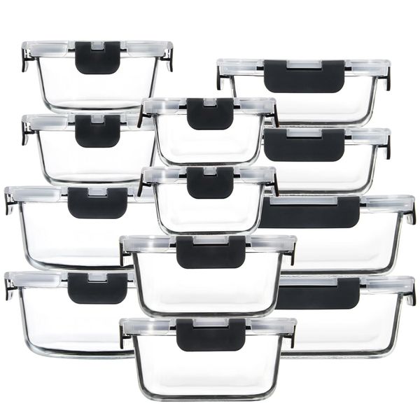 12Pack Glass Food Storage Meal Prep Containers Airtight Leak Proof Lids