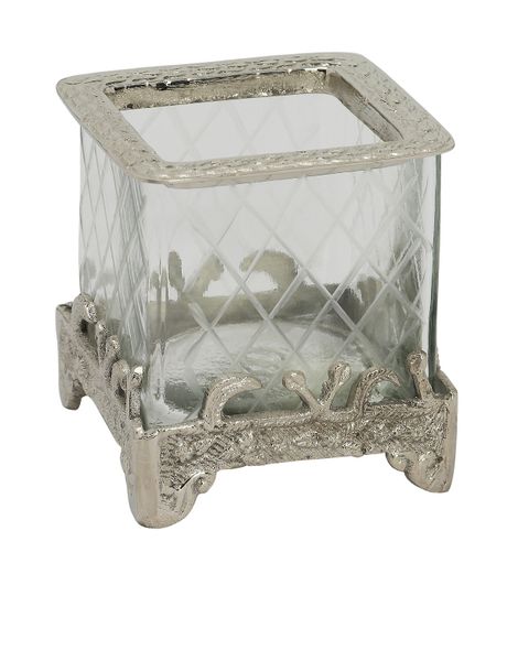 Decorative Glass Square Flower Vase With Silver Plated Base and Top