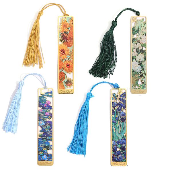4-Piece Metal Bookmarks with Tassels:Vintage Paintings for Reading Gifting