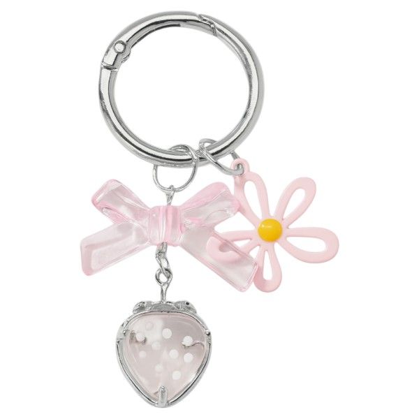 Cute Strawberry Keychain With Pink Flower and Bowknot Charm - Silver