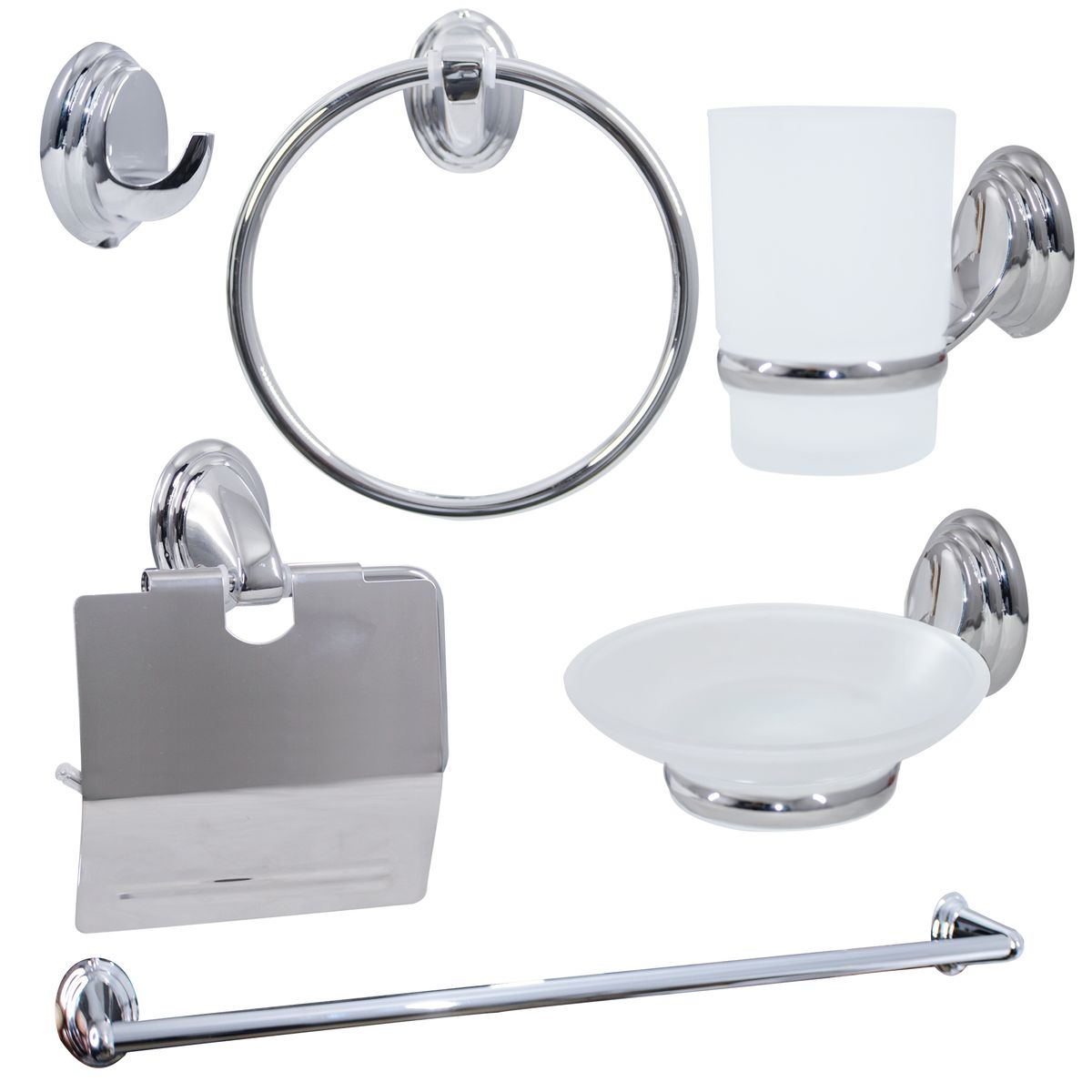 LMA 6 Piece Frosted Glass & Steel Bathroom Accessory Set