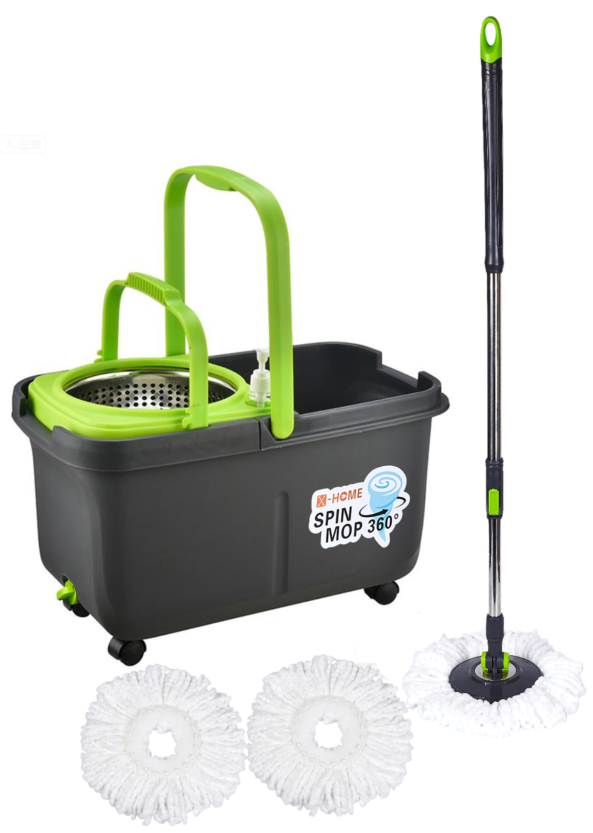 X-HOME Spin Mop 360 x3 Microfiber Heads x4 Wheels xRemovable Spin