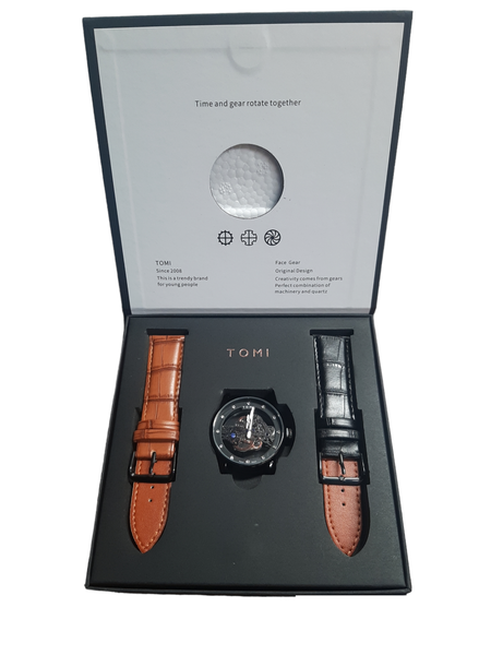 Men's Quartz Watch With Brown &amp; Black Leather Straps T102 - White