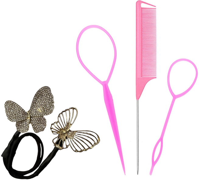 4-Piece Hair Styling Tool Kit with Beautiful Butterfly Jewel Twist Clip