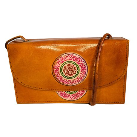 Box Shaped Ethnic Printed Women's Leather Crossbody Bag - Orange - Circle Image