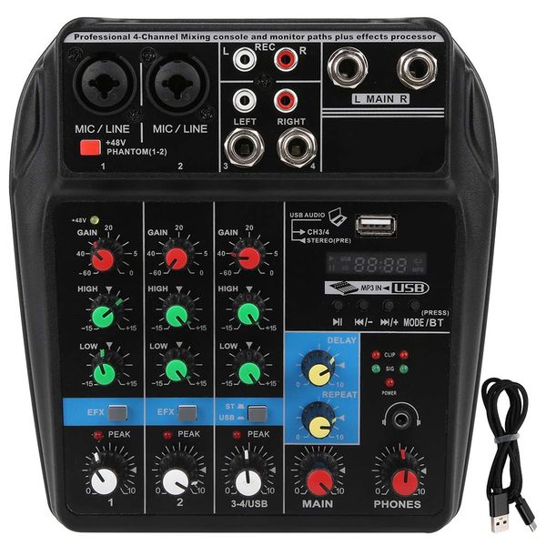 4-Channel Professional Audio Mixer with USB, Effects &amp; 48V Phantom Power
