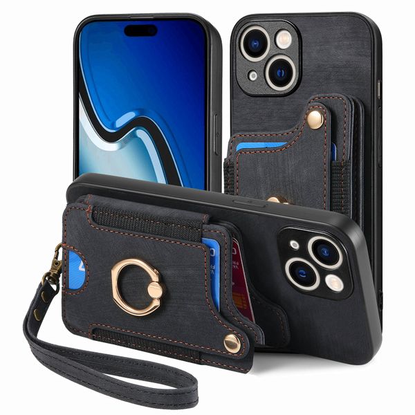 Finger Ring Case Compatible With iPhone 15 Plus Leather Lanyard Cover