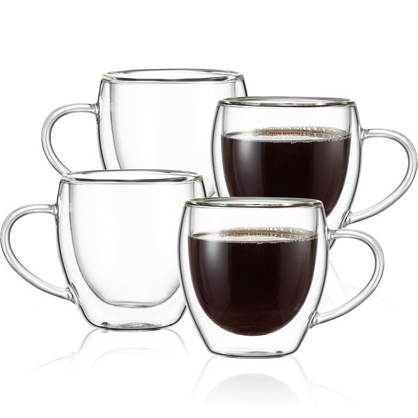 4Pcs Clear Coffee Cups Set 150ml Double Wall Glass Coffee Mugs with Handle