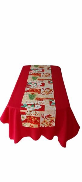 Red Tablecloth With Christmas Themed Table Runner: 10 Seater