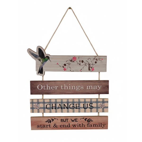 Rustic Wooden Hanging Wall Art - Hummingbird and Family Quote