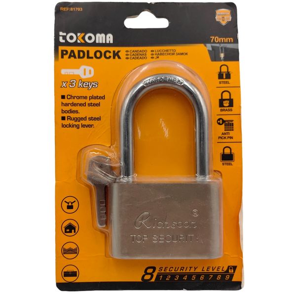 Tokoma 70mm Chrome Plated Padlock with 3 Keys