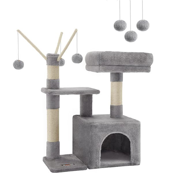 Multi-Level Cat Climbing Tower with Cat House, Padded Perch &amp; Pom-Pom Toys