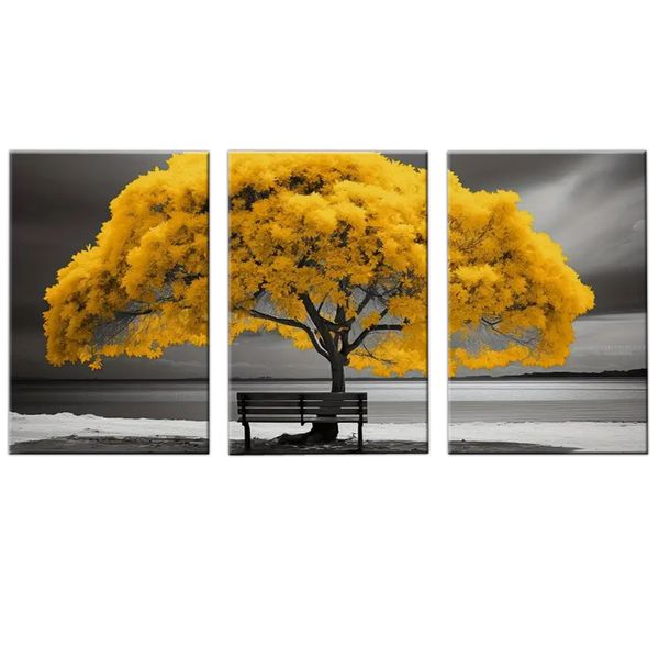Canvas-Art-3 Pieces Yellow &amp; Grey Tree Livingroom Wall Art