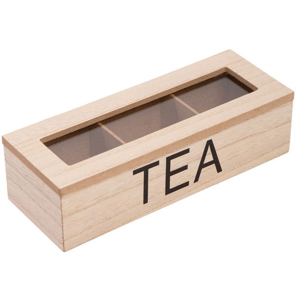 Wooden Tea Box with Clear Window 3 Compartments Tea Bags Storage Holder