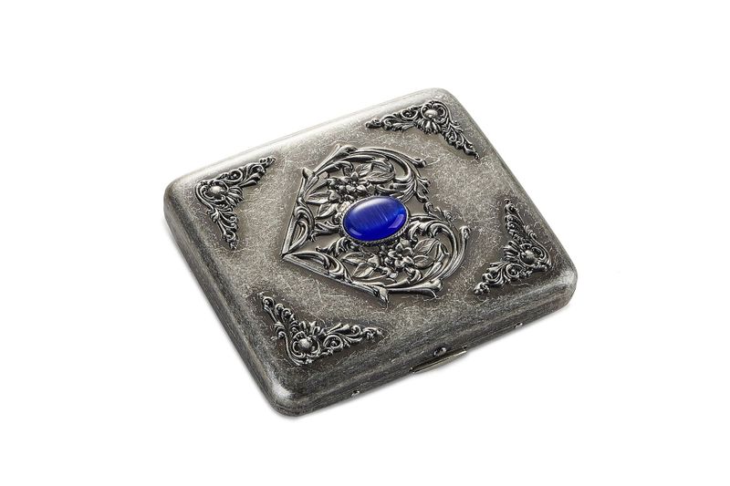 Vintage Luxury Cigarette Case - Gemstone-Inlaid, Engraved Metal