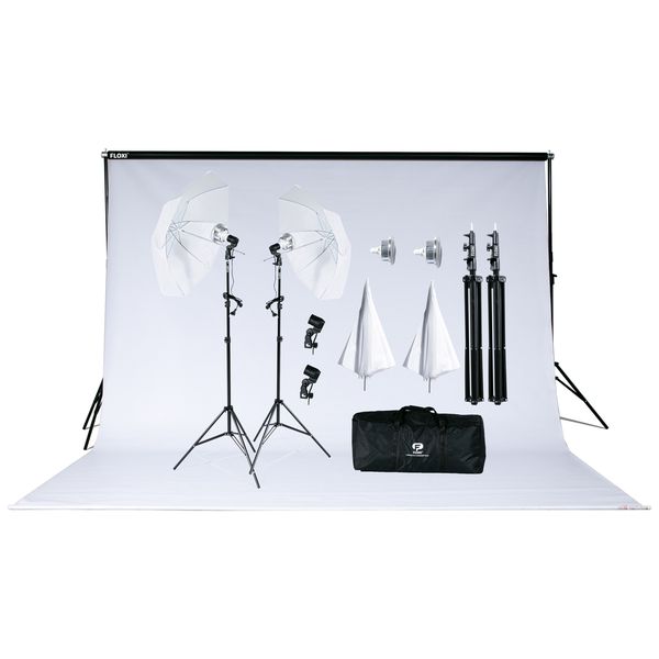 Floxi 400W 3 Color White Umbrella +2.2 Backdrop Bundle