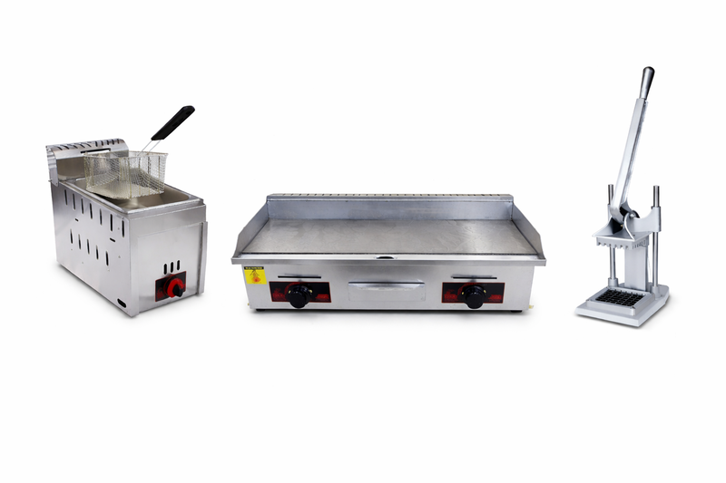 Street Food Starter Kit - Gas Deep Fryer + Flat Top Griller + Potato Cutter