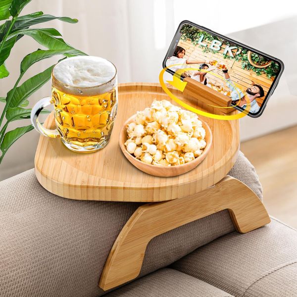 Sofa Tray Table, Bamboo Round Couch Arm Tray Table with 360 Phone Holder