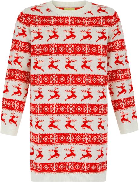 Girls Leaping Vixen Nordic Christmas Jumper Dress in Gardenia