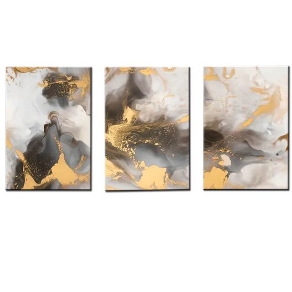 Canvas- Art - 3 Pieces Gold &amp; Grey Splash Abstract Canvas Wall Art Decor