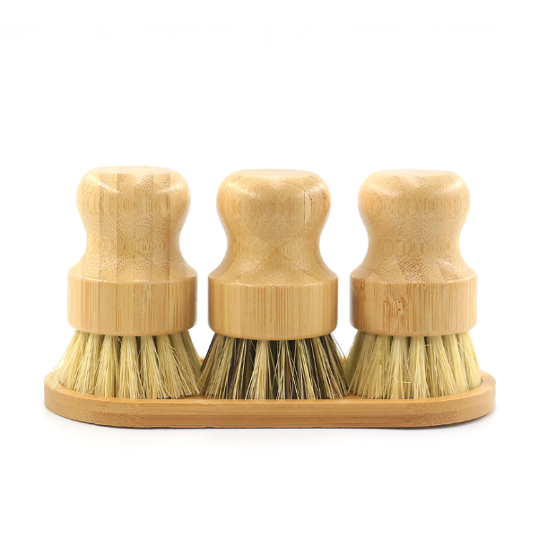 Eco-Friendly Bamboo Dish Brush Set - Tray with 3 Natural Scrubbers