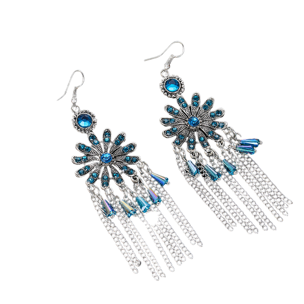 Sunflower Vintage long Tassel Earrings - Blue