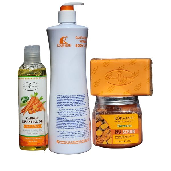 Kormesic Turmeric Scrub, Body Lotion , Carrot Oil ,Carrot Soap