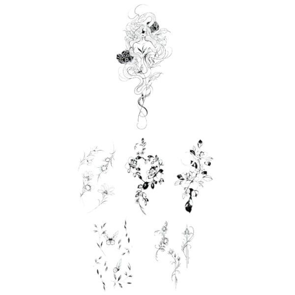 6 Piece - Elegant Blooming Flower Temporary Tattoo - Black