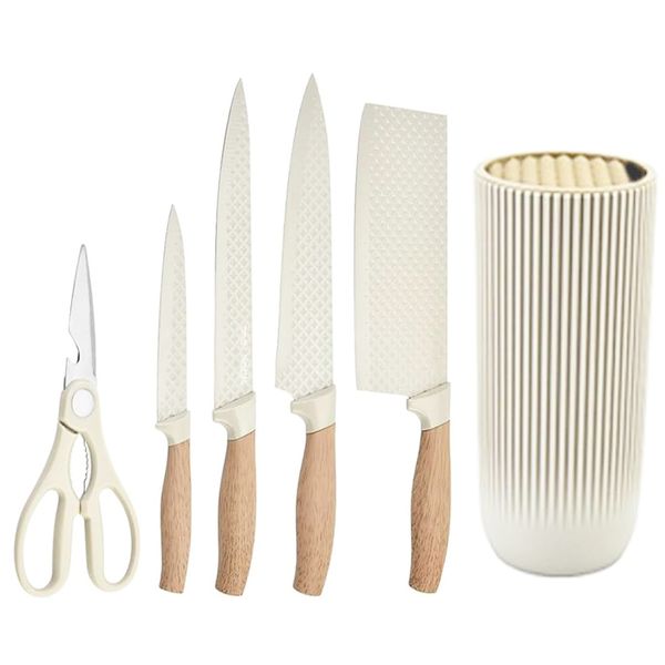 Stainless Steel 6 Piece Knife Set With Knife Block - Ergonomic Handle - Khaki