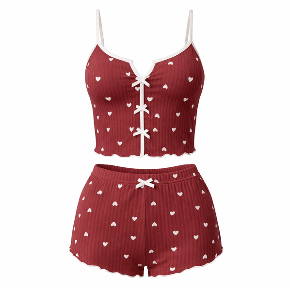 Two-Piece White Heart Print Pajama - Wine Red