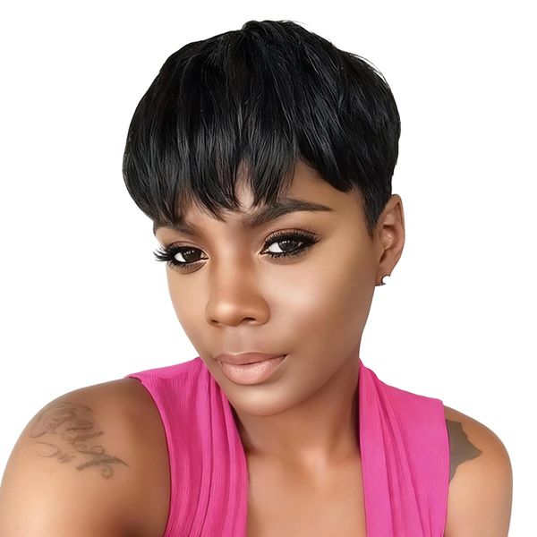 Black In Wear&amp;Go Wig Straight Pixie Cut Wig Easy to Take On or Off