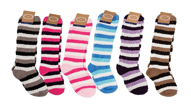 Bulk Pack X6 Pairs 54cm Ladies Plush Stripe Socks