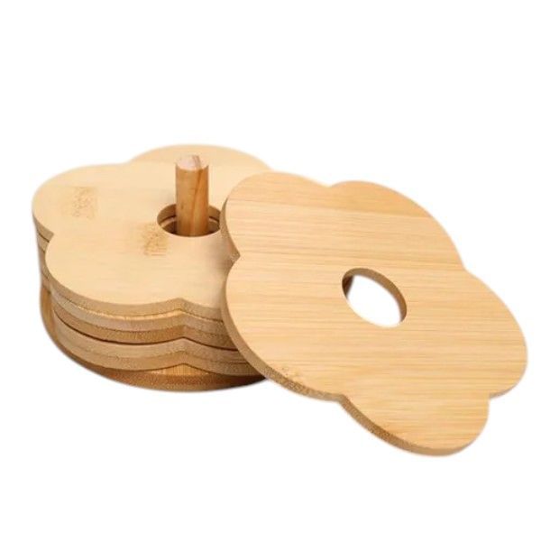 6-Piece Flower-Shaped Bamboo Coaster Set with Stand - Brown