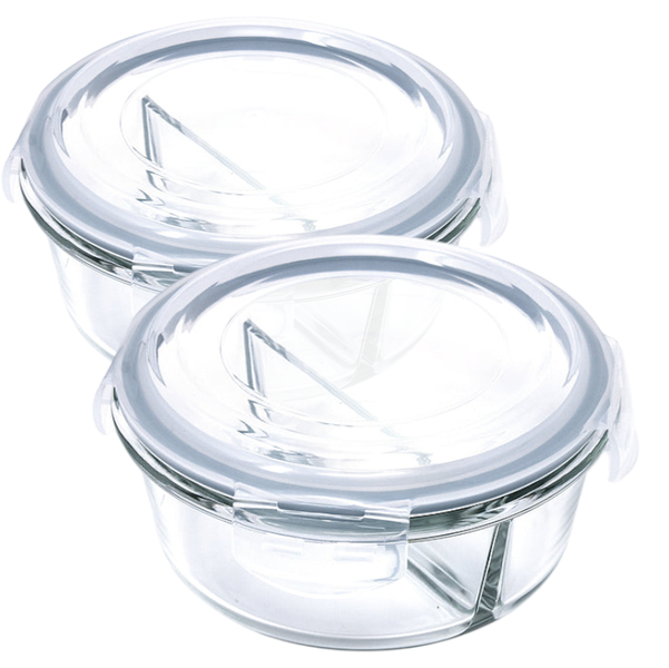 2-Compartment 800ml Round Glass Food Storage Container - Airtight 2Pack