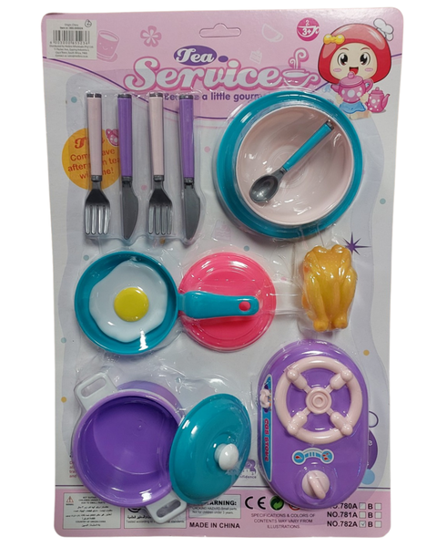 Cutlery, Plates, a Pan, Pot &amp; Lid, Gas Stove, Egg and Chicken