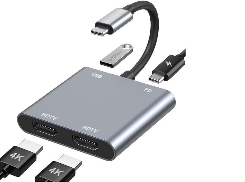 4 in1 UsbC Hub Dual HDMI Adapter4K@60Hz TypeC 2 HD Splitter Extended silver