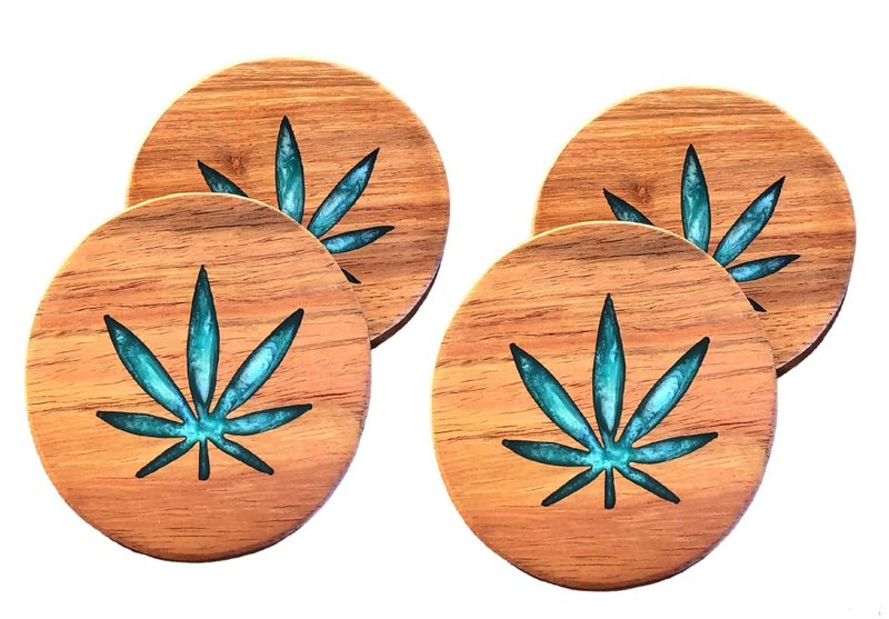 Wooden Coasters with Green Cannabis - Weed Plant Resin Inlay - Set of 4