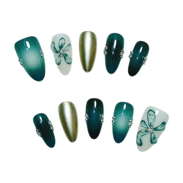 10 Gradient Short Oval Press On Nails With Metallic Sheen &amp; Flower - Green