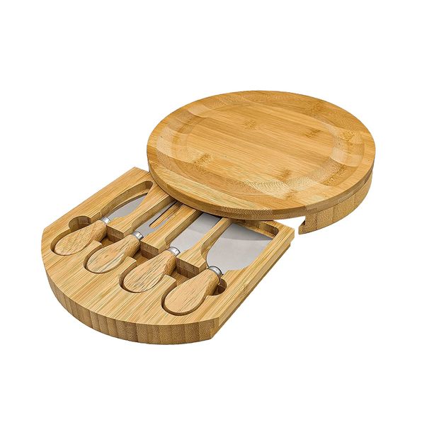 Bamboo Wood Cheese Board and 4 Knife Set
